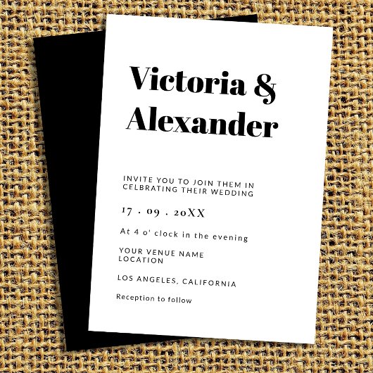 Eenvoudige klassieke zwart-wit bruiloft kaart