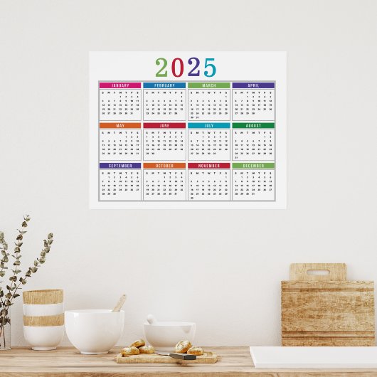 Eenvoudige kleurrijke 2025 Kalender Poster (Keuken)