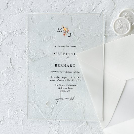 Eenvoudige Kleurrijke Bloemen Monogram Huwelijk Acryl Uitnodigingen