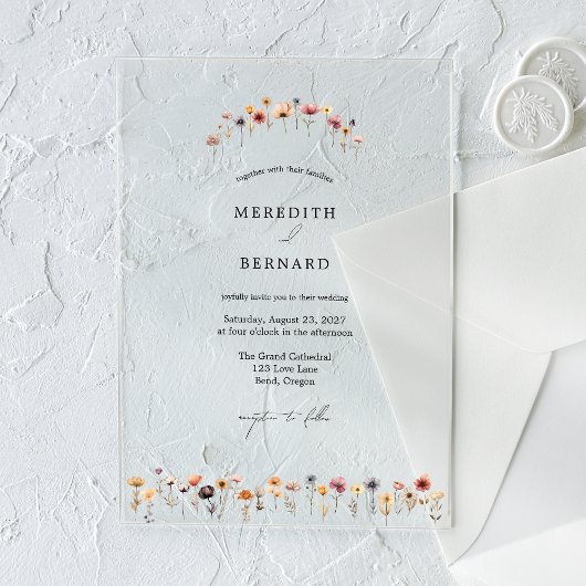 Eenvoudige kleurrijke bloemenbruiloft acryl uitnodigingen