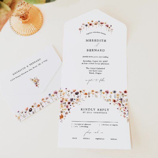 Eenvoudige kleurrijke bloemenbruiloft all in one uitnodiging