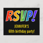 Eenvoudige, kleurrijke regenboogletters "RSVP!" +  Briefkaart (Voorkant)