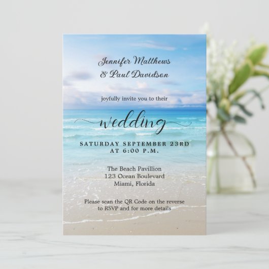 Eenvoudige Kleurrijke Strand QR Trouw Uitnodiging (Staand voorkant)