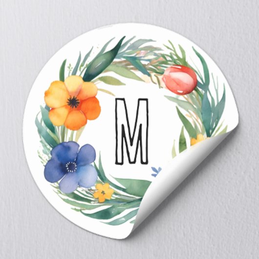 Eenvoudige Kleurrijke Waterverf Bloemenkrans Monog Ronde Sticker