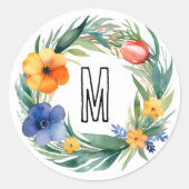Eenvoudige Kleurrijke Waterverf Bloemenkrans Monog Ronde Sticker (Voorkant)