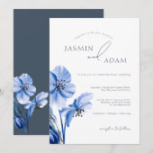 Eenvoudige koningsblauwe weelde bloemenbruiloft kaart (Voorkant / Achterkant)