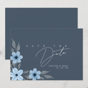 Eenvoudige koningsblauwe weelde bloemenbruiloft save the date