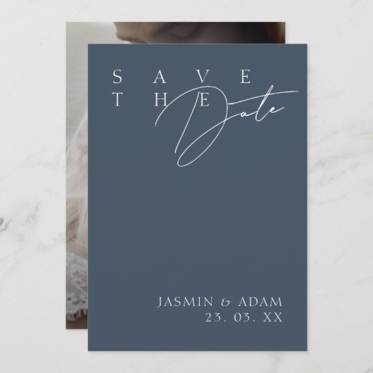 Eenvoudige koningsblauwe weelde moderne foto bruil save the date (Voorkant / Achterkant)