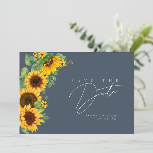Eenvoudige koningsblauwe weelde zonnebloem bruilof save the date (Staand voorkant)