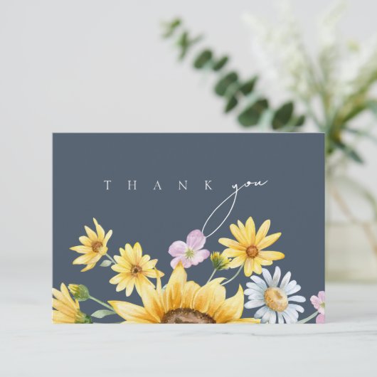 Eenvoudige koningsblauwe weelde zonnebloemen bruil bedankkaart (Staand voorkant)