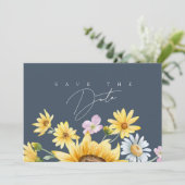 Eenvoudige koningsblauwe weelde zonnebloemen bruil save the date (Staand voorkant)