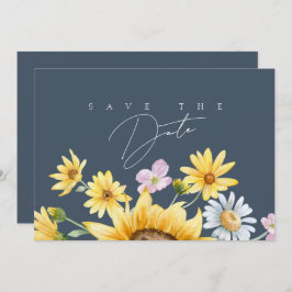 Eenvoudige koningsblauwe weelde zonnebloemen bruil save the date