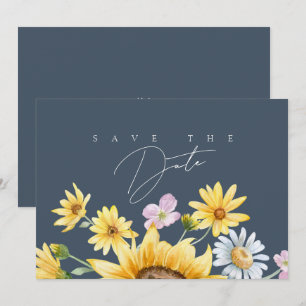 Eenvoudige koningsblauwe weelde zonnebloemen bruil save the date