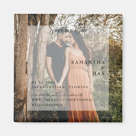 Eenvoudige koppel foto moderne save the date vierk magneet (Voorkant)