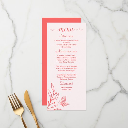 Eenvoudige koraal roze bloemenbruiloft menu (Voorkant / Achterkant in situ)