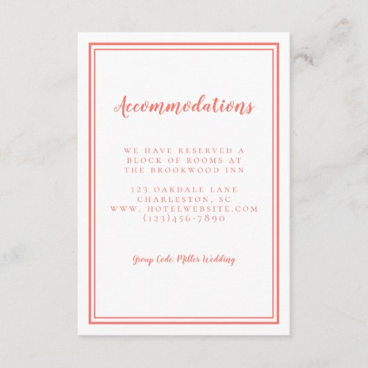 Eenvoudige koraalbruiloft minimalistisch informatiekaartje (Voorkant)