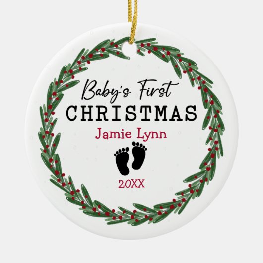 Eenvoudige krans rode groene baby's eerste Kerstmi Keramisch Ornament (Voorkant)