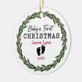 Eenvoudige krans rode groene baby's eerste Kerstmi Keramisch Ornament (Links)