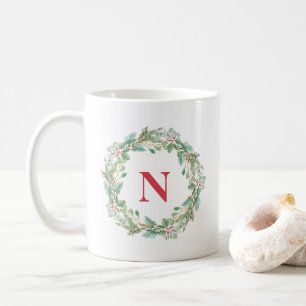 Eenvoudige krans rood monogram moderne kerst koffiemok