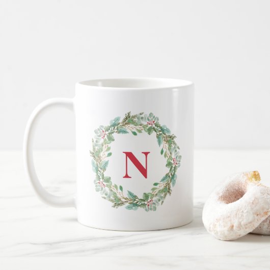 Eenvoudige krans rood monogram moderne kerst koffiemok (Met donut)