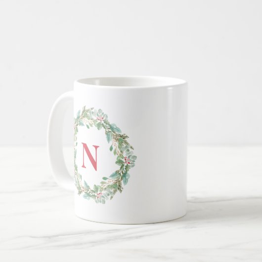 Eenvoudige krans rood monogram moderne kerst koffiemok (Voorkant links)