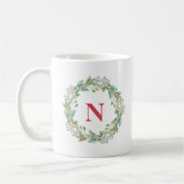 Eenvoudige krans rood monogram moderne kerst koffiemok (Links)