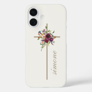 Eenvoudige Kruis Bourgondië Bloemen Gepersonalisee iPhone 16 Hoesje