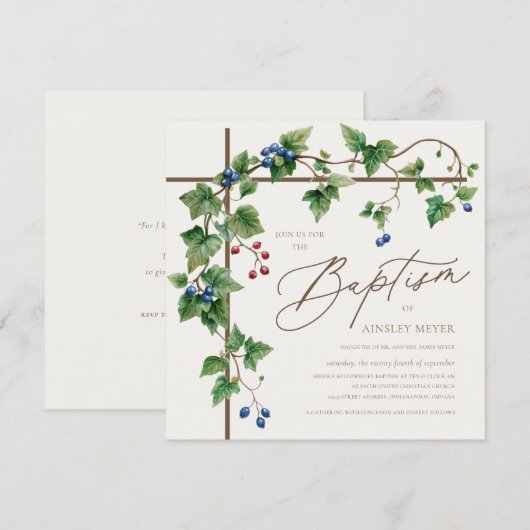 Eenvoudige Kruis met Grapevine Greenery doop Kaart (Voorkant / Achterkant)