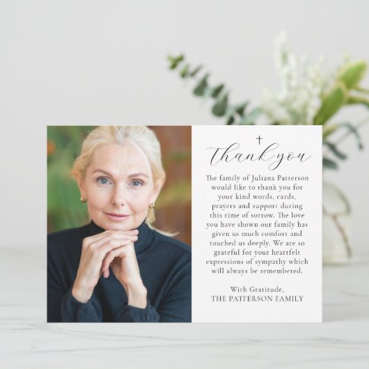 Eenvoudige kruisfoto gepersonaliseerde bericht beg bedankkaart (Staand voorkant)