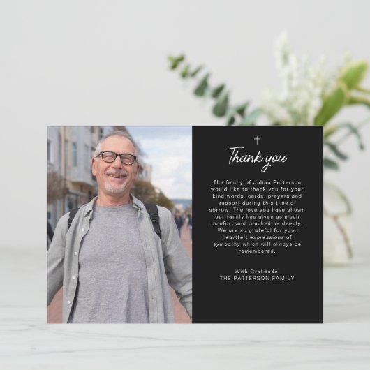 Eenvoudige kruisfoto gepersonaliseerde bericht beg bedankkaart (Staand voorkant)