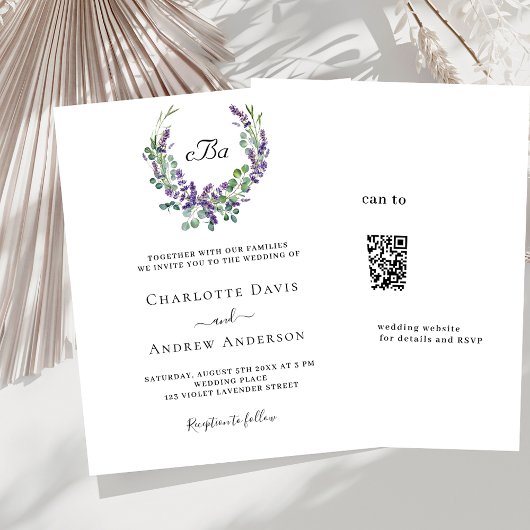 Eenvoudige lavendel bloemen QR RSVP budget bruilof