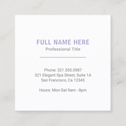 Eenvoudige Lavendel Elegant Spa Modern Vierkante Visitekaartje (Achterkant)