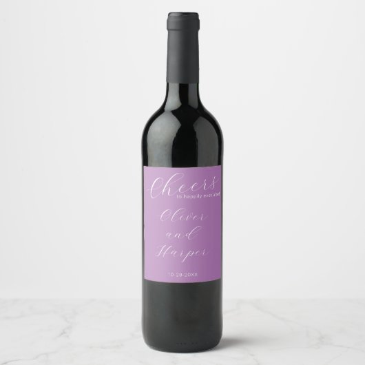 Eenvoudige Lavendel Elegante Script Bruiloft Wijn Etiket (Voorkant)