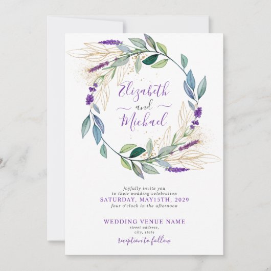 Eenvoudige lavendel paarse bloemenkrans foto bruil kaart (Voorkant)