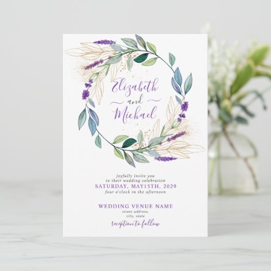 Eenvoudige lavendel paarse bloemenkrans foto bruil kaart (Staand voorkant)