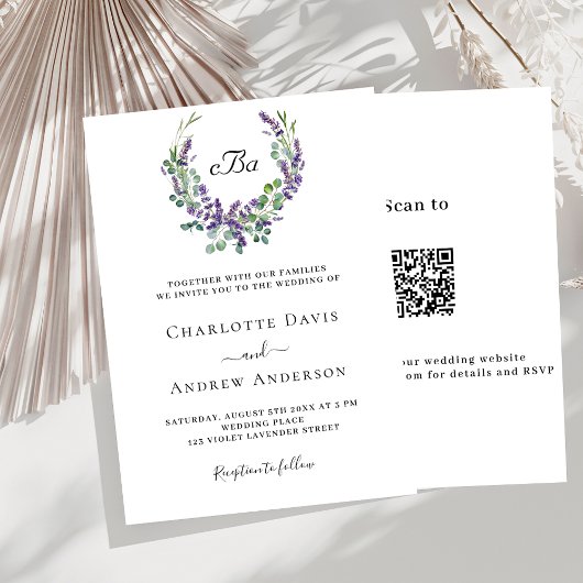 Eenvoudige lavendel violette bloemen QR RSVP bruil Kaart
