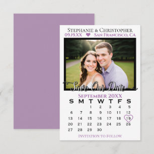 Eenvoudige lavendel & witte kalender & foto bruilo save the date