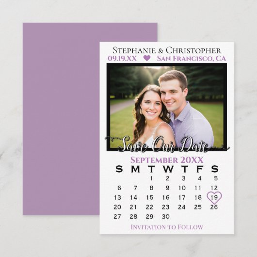 Eenvoudige lavendel & witte kalender & foto bruilo save the date (Voorkant / Achterkant)