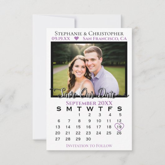 Eenvoudige Lavendel & Witte Kalender & Fotobruilof Save The Date (Voorkant)