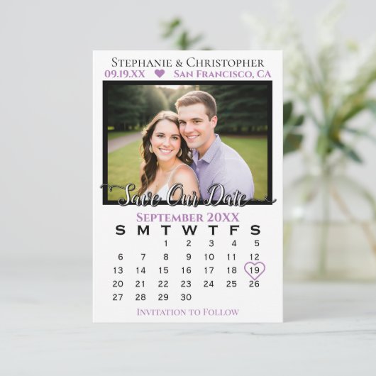 Eenvoudige Lavendel & Witte Kalender & Fotobruilof Save The Date (Staand voorkant)