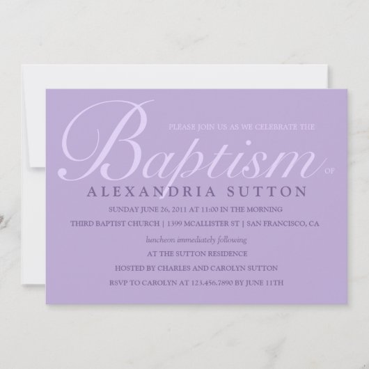 Eenvoudige lavender Baptism/Christening Invite Kaart (Voorkant)