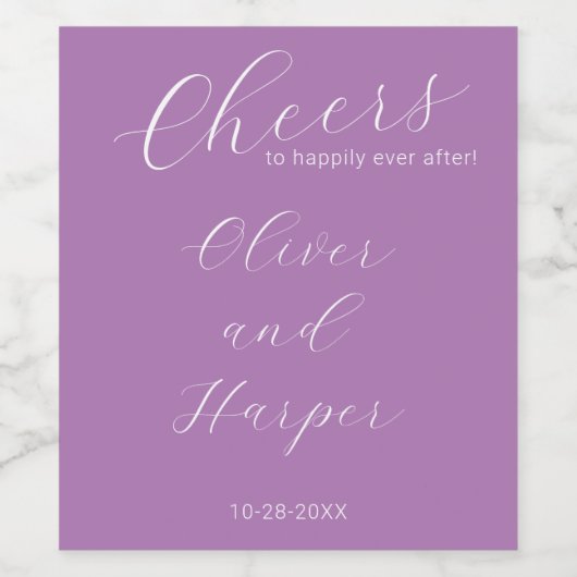 Eenvoudige lavender Elegant Script Wedding Wijn Etiket (Enkel label)
