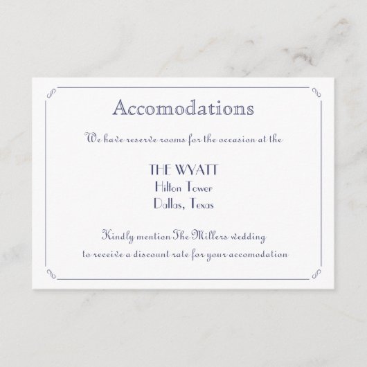 Eenvoudige legante marinesblauwe bruiloft informatiekaartje (Voorkant)