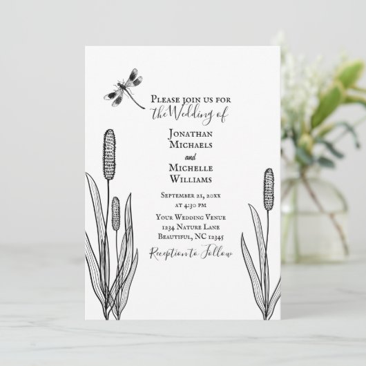 Eenvoudige libel en Cattails zwart wit bruiloft Kaart (Staand voorkant)
