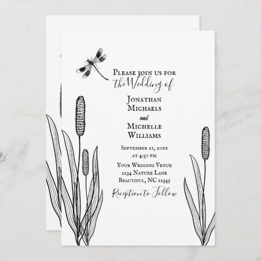 Eenvoudige libel en Cattails zwart wit bruiloft Kaart (Voorkant / Achterkant)