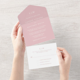 Eenvoudige Licht Roze Monogram Elegante Trouw All In One Uitnodiging