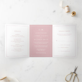 Eenvoudige Licht Roze Monogram Elegante Trouw Drieluik Uitnodiging