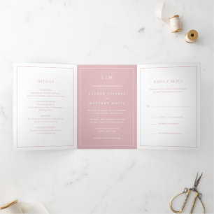 Eenvoudige Licht Roze Monogram Elegante Trouw Drieluik Uitnodiging