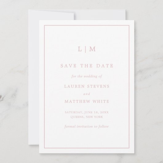 Eenvoudige Licht Roze Monogram Elegante Trouw Save The Date (Voorkant)
