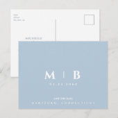 Eenvoudige lichtblauwe monogram trouwkaart 'Save t Briefkaart (Voorkant / Achterkant)